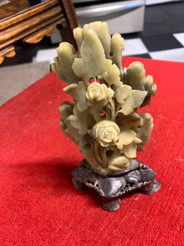 Antique 6 inch hand carved soapstone jade stone floral statuette on stand