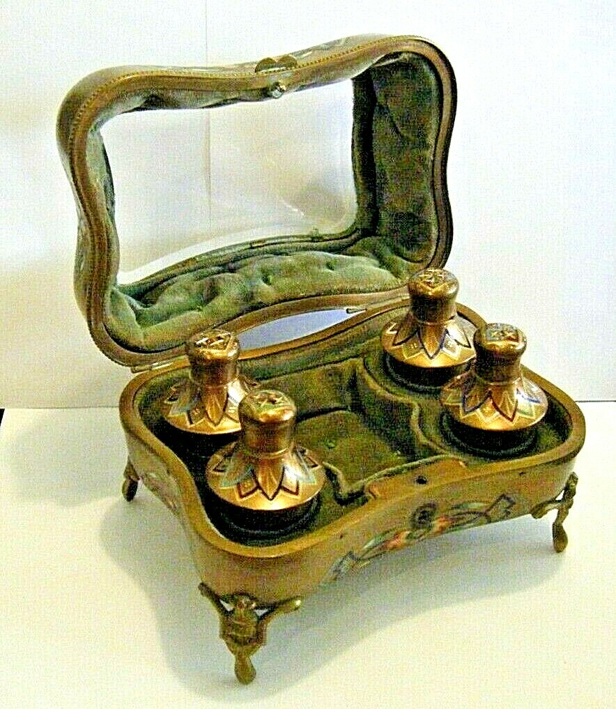 Antique 19th C. French Gilt Bronze Champlevé Enamels Scent Jewelry Casket Box