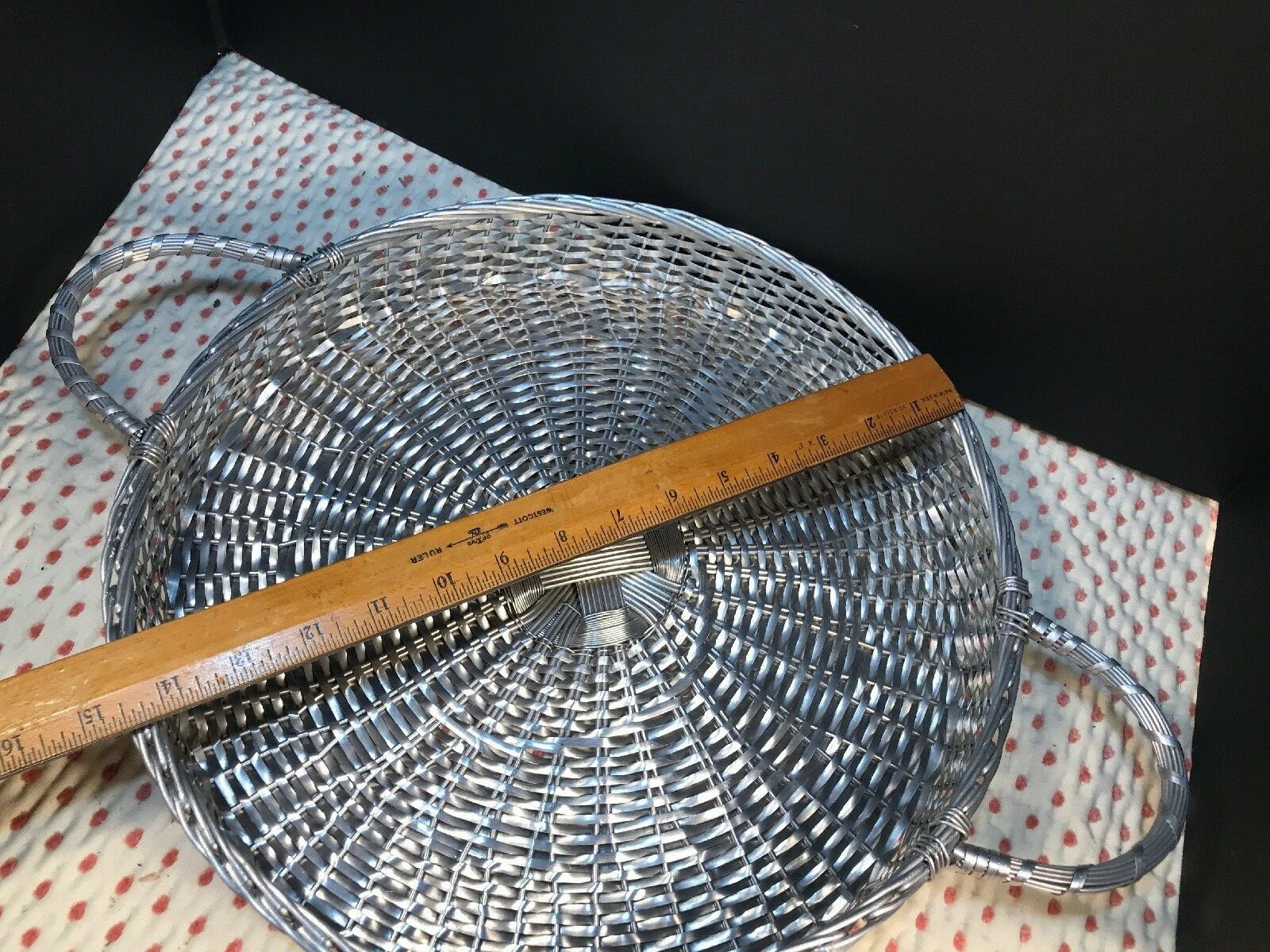 Handled Silver Metal Tray Decorative Weaved Basket Large Round NOS Andrea Sadek
