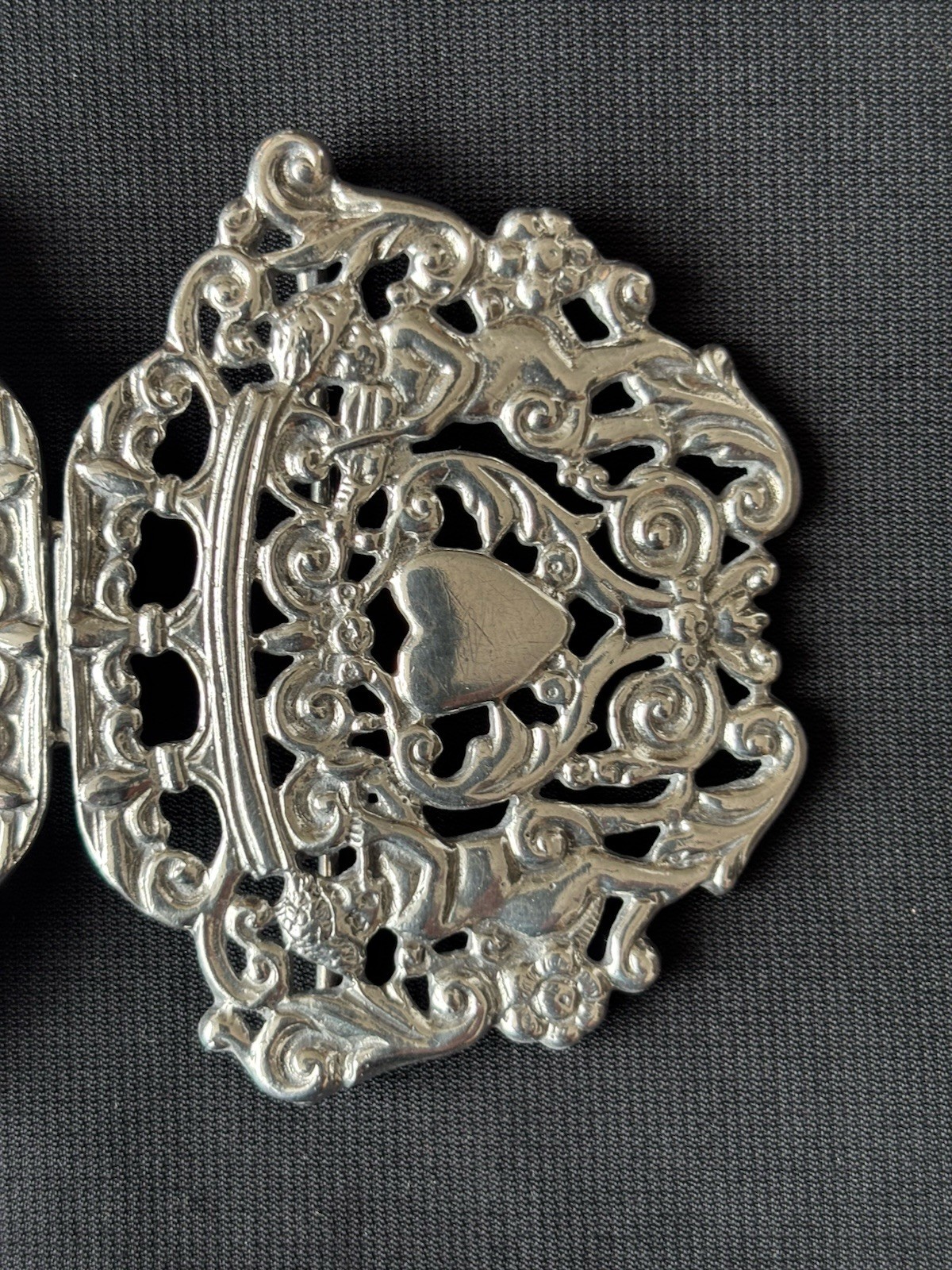 solid silver nurses Belt Buckle. Birmingham 1990. P.M.L. Cherubs & Heart Design