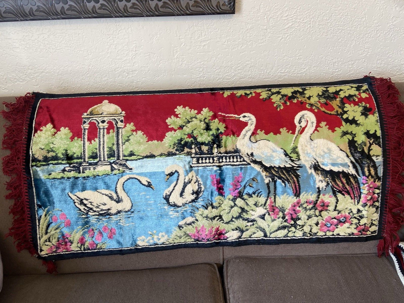 Antique Tapestry features Crain and swans , Embroidered Bordered Wall Hanging