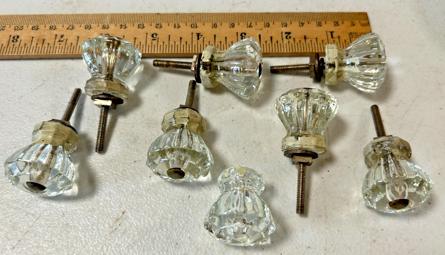8 Antique Clear Glass Draw Knob Pulls, Cut Flower Shape