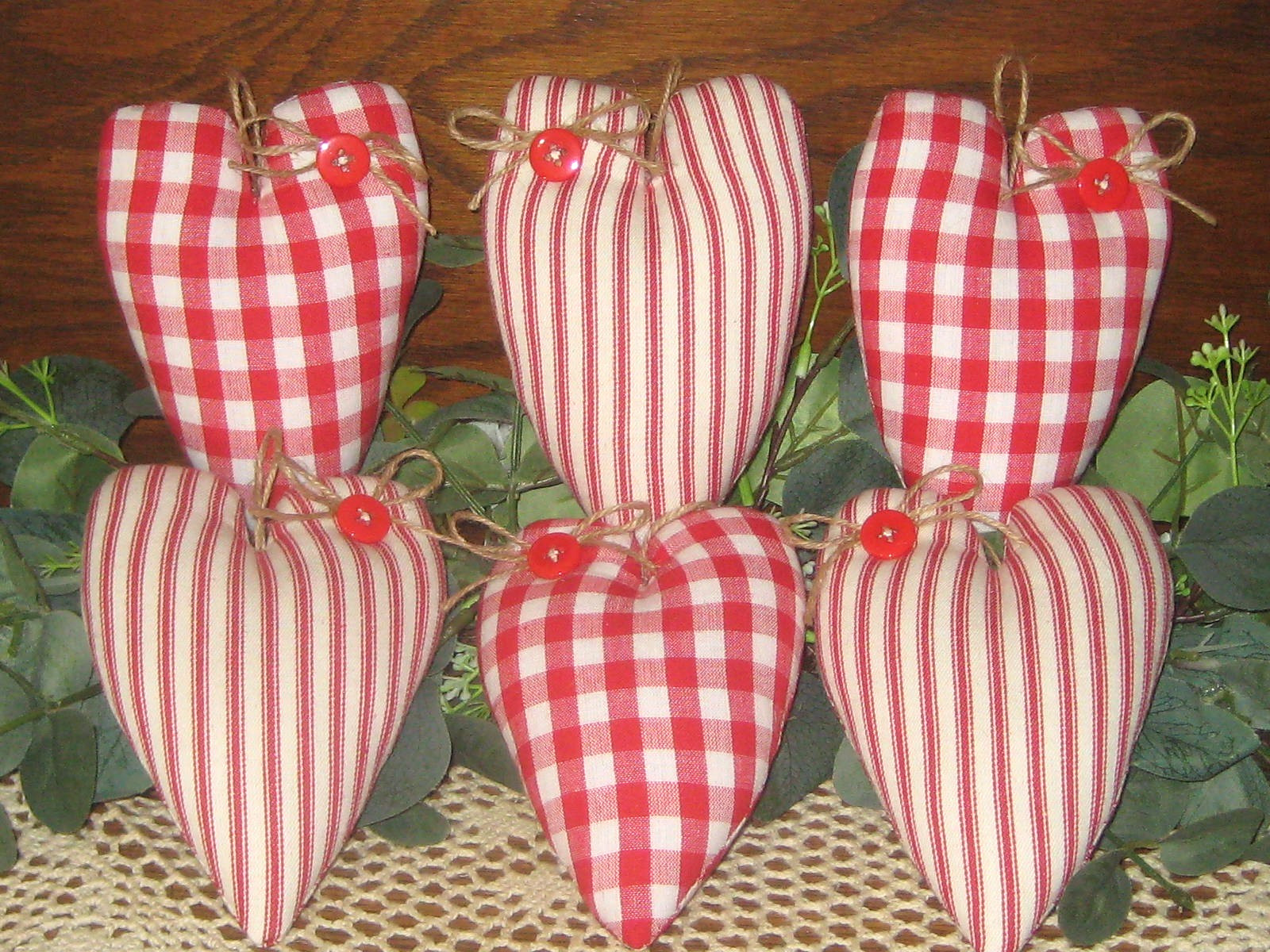 Red Country Cottage 6 Red Fabric Hearts Tree Ornaments Handmade Gift