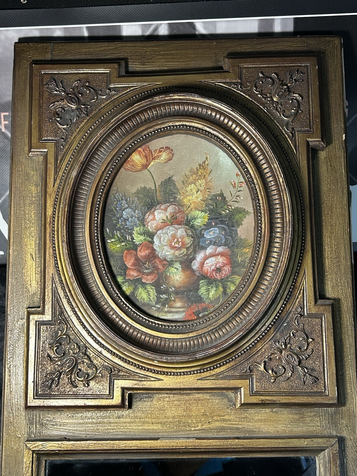 Large Vintage 1960-70’s French Style Trumeau Mirror Gilded Wood Hand Painted Art