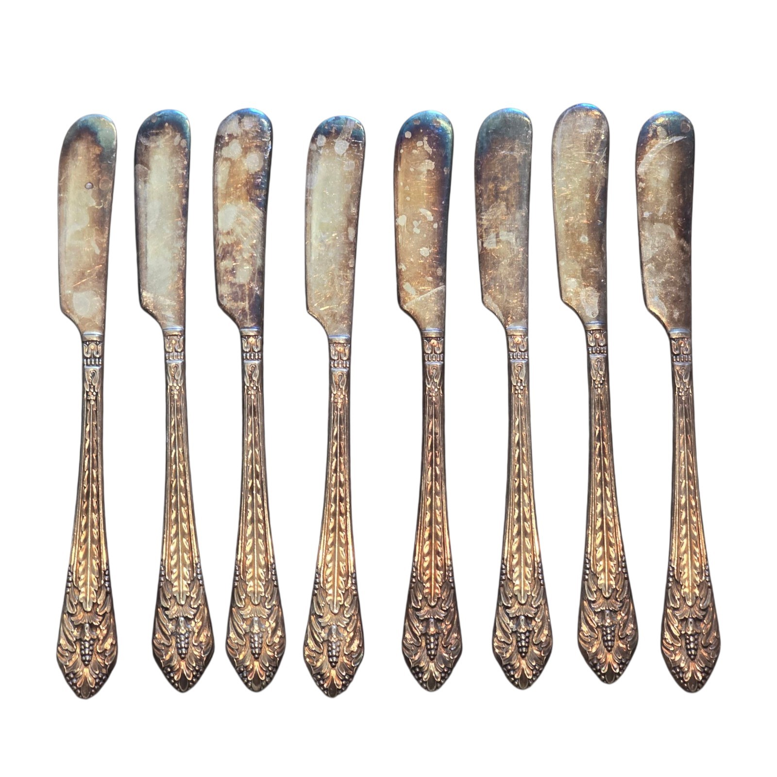 8 Pc 1847 Rogers Bros IS VINTAGE Floral Silverplate Flat Butter Spreader Tarnish