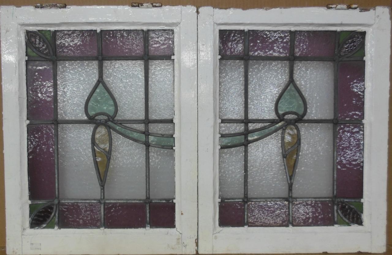 EDWARDIAN PAIR OF OLD ENGLISH STAINED GLASS WINDOWS 16.75″ X 21.75″