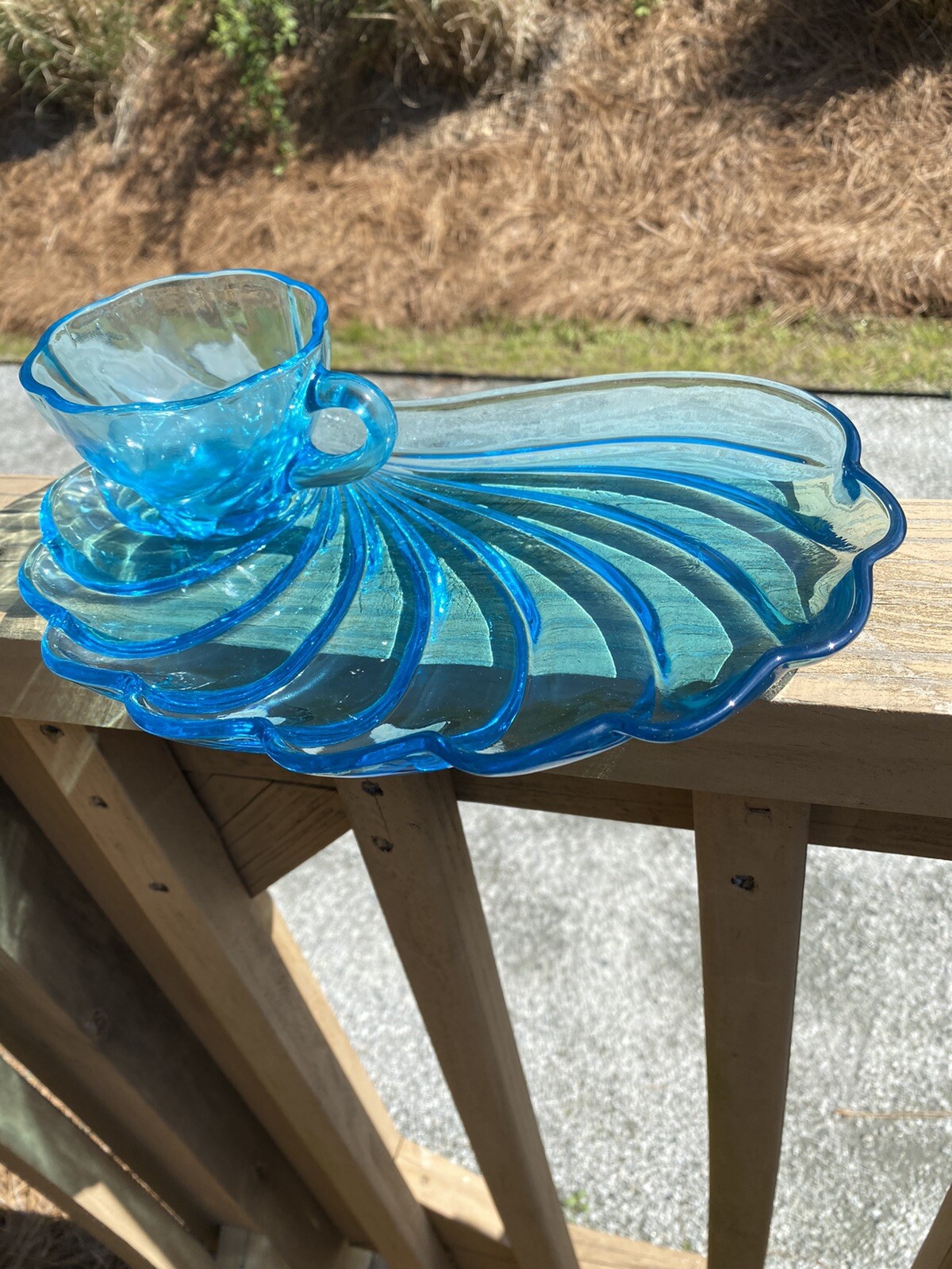 8 SNACK SET/ BKFT SET. 1930’S MARINE AQUA-BLUE GLASS WAVE DESIGN STUNNING COLOR!