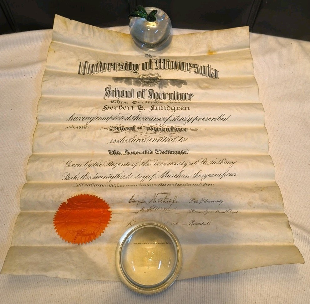 RARE! Antique University of Minnesota School of Agriculture Certificate Diploma
