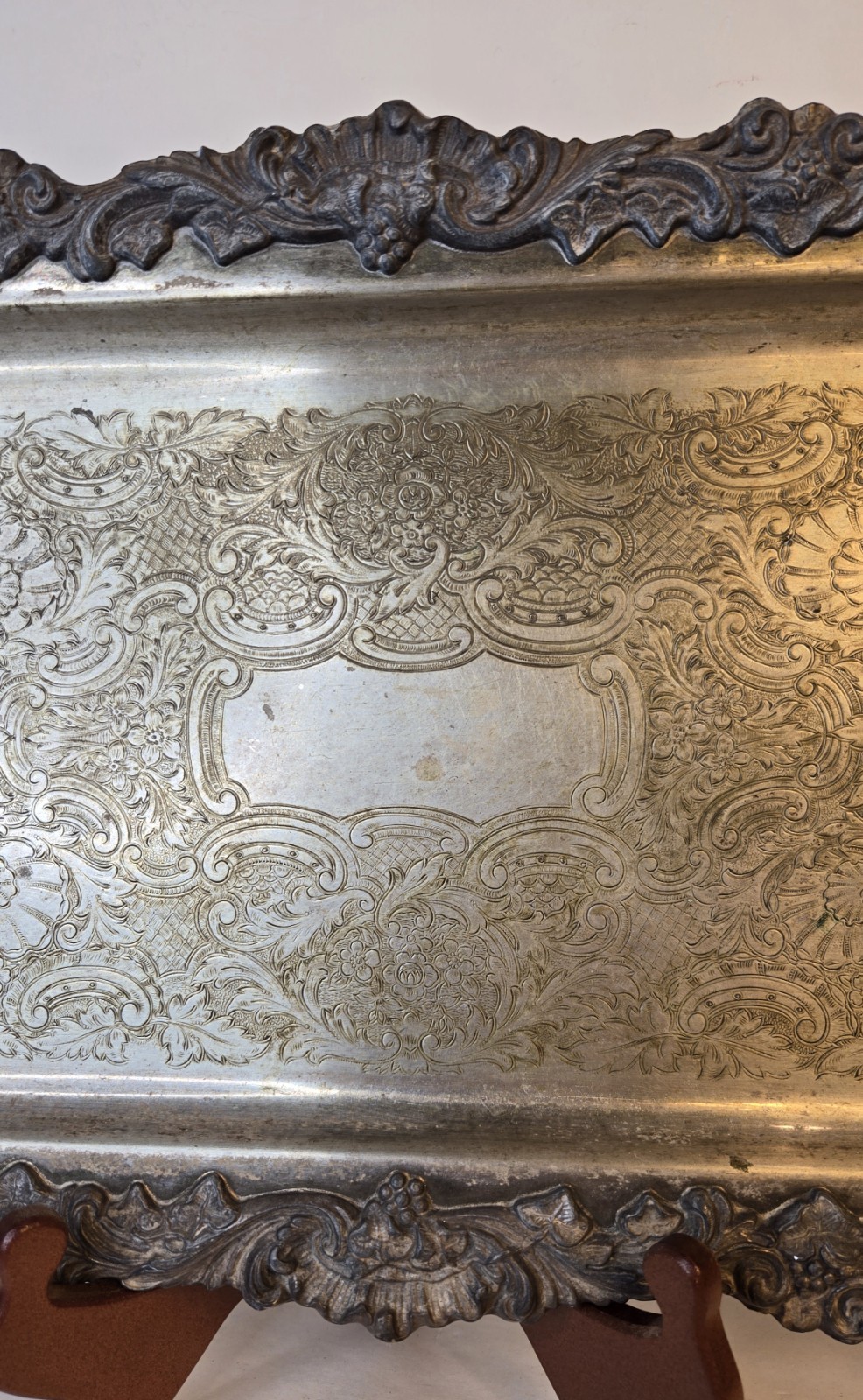 Antique Silver Plated Rectangular Footed Serving Tray W/ Ornate Border & Handles