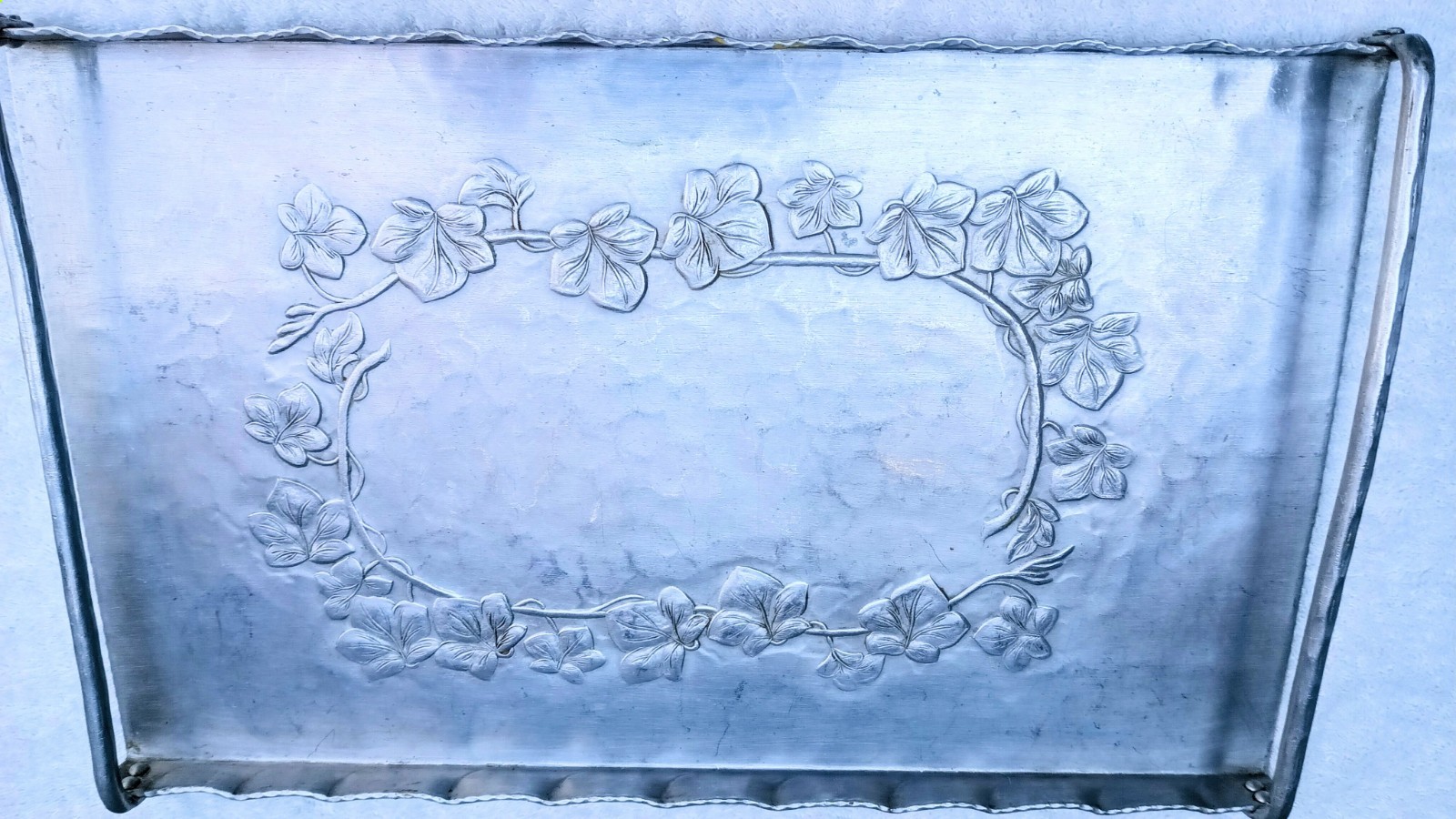 vintage silver serving tray with floral design~forged aluminum~handles~EVERLAST
