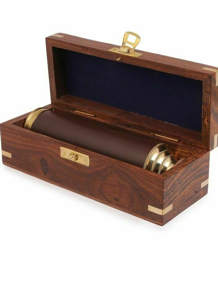 Antique Brass Nautical Spyglass 14” Telescope With Victorian Wooden Box Gift