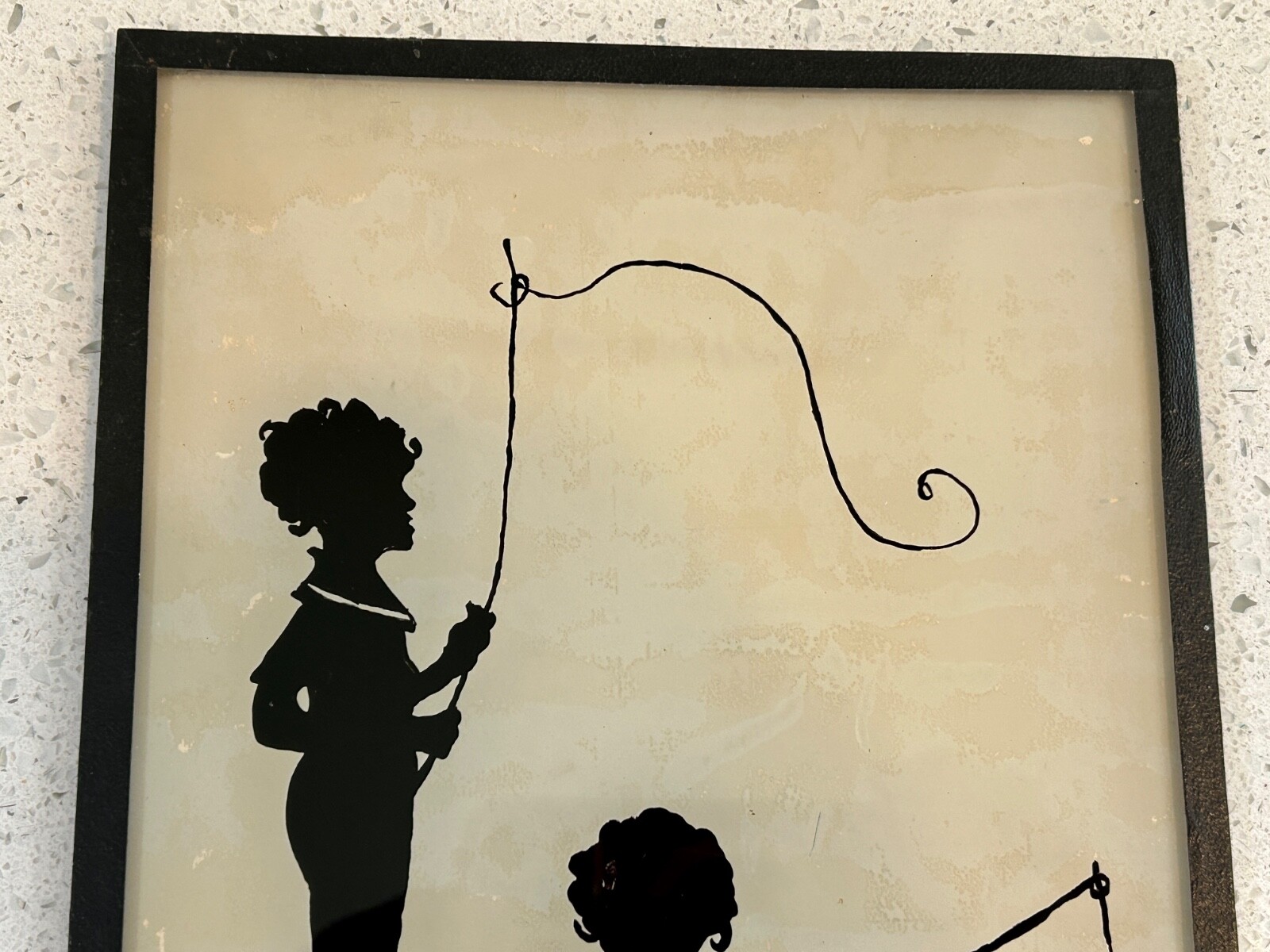 1932 Dated – Silhouette Picture Reverse Painted on Glass – Kids Fishing – NICE!
