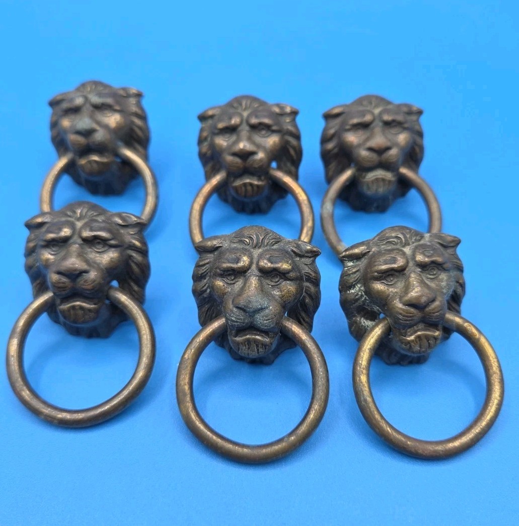 ​Set of 6 Vintage Keeler Brass Co. Lion Head Ring Pulls 888 Dresser Knobs