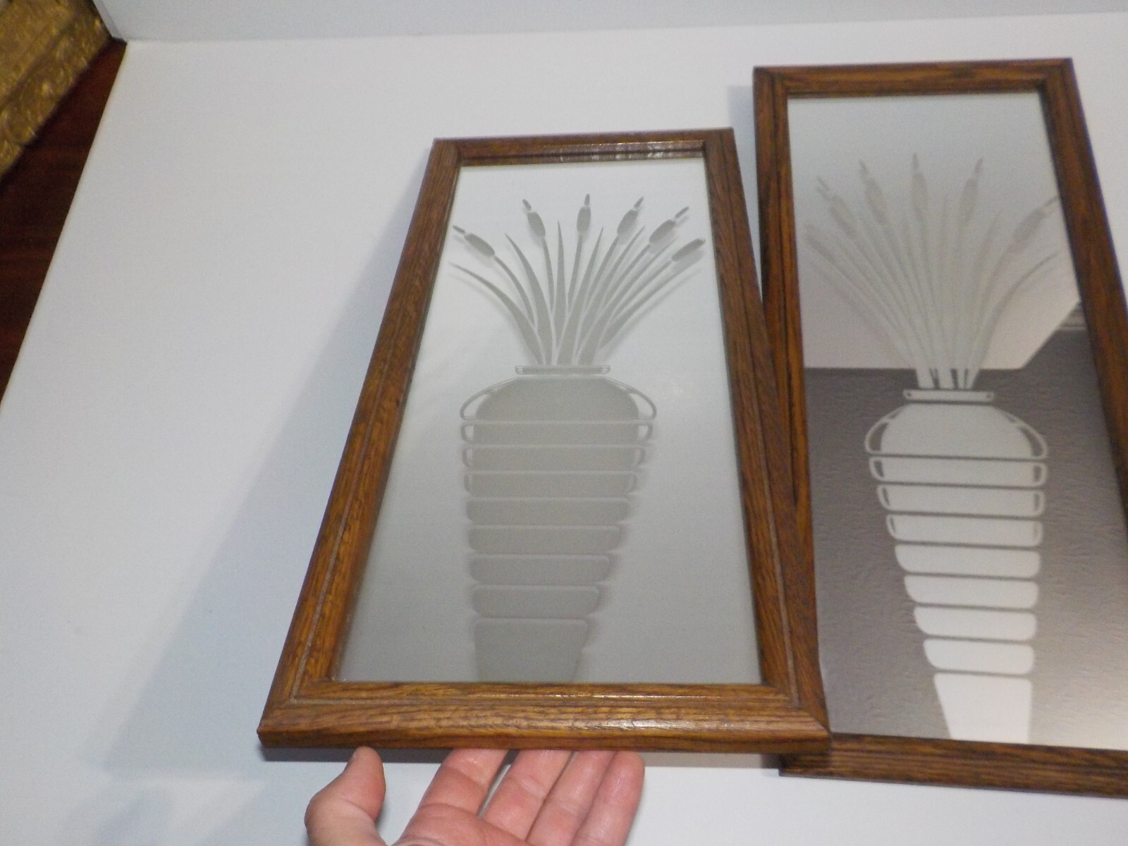 2 MCM Hollywood Regency Rectangle Wall Mirror Etched CATTAILS VASE Vintage