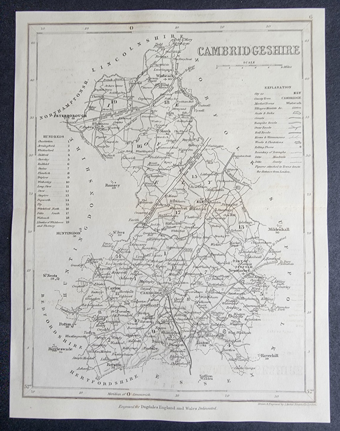 Antique c. 1850 county map – Cambridgeshire – Joshua Archer – Ely – Newmarket
