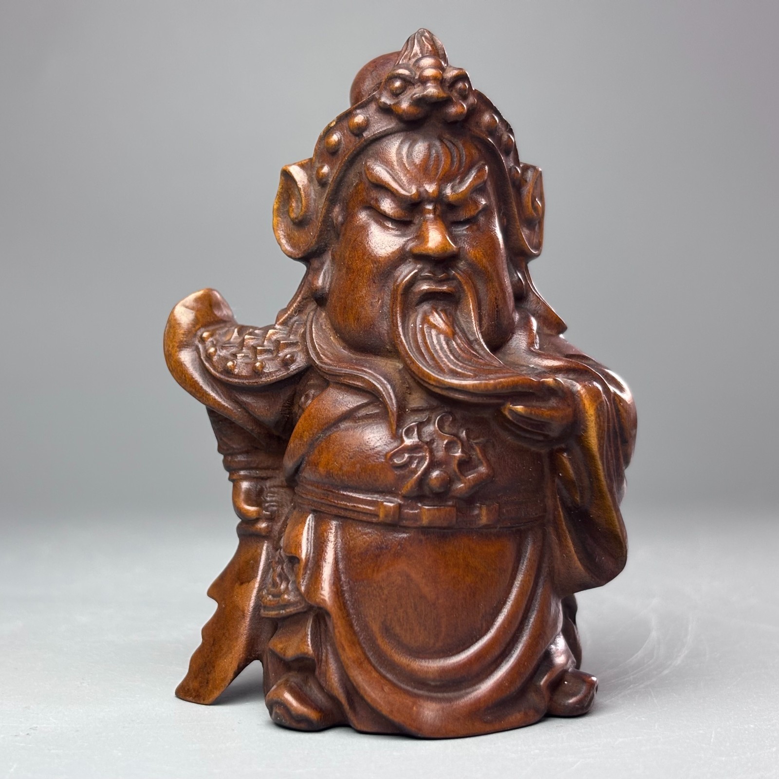 3.1″ Exquisite Boxwood Handmade Carved Dragon Guan Gong Buddha Statue B300