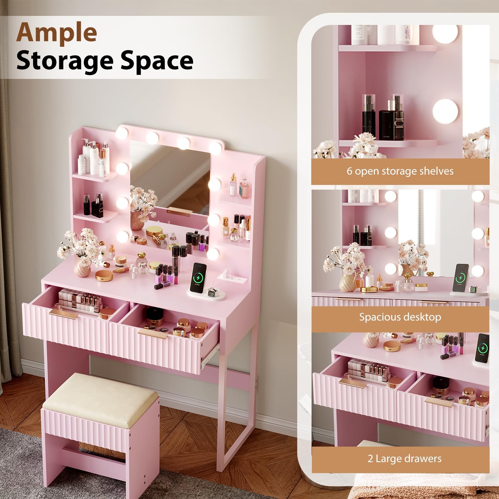 VINGLI Fluted Makeup Vanity Desk with Mirror & Lights & Power 33in, Pink