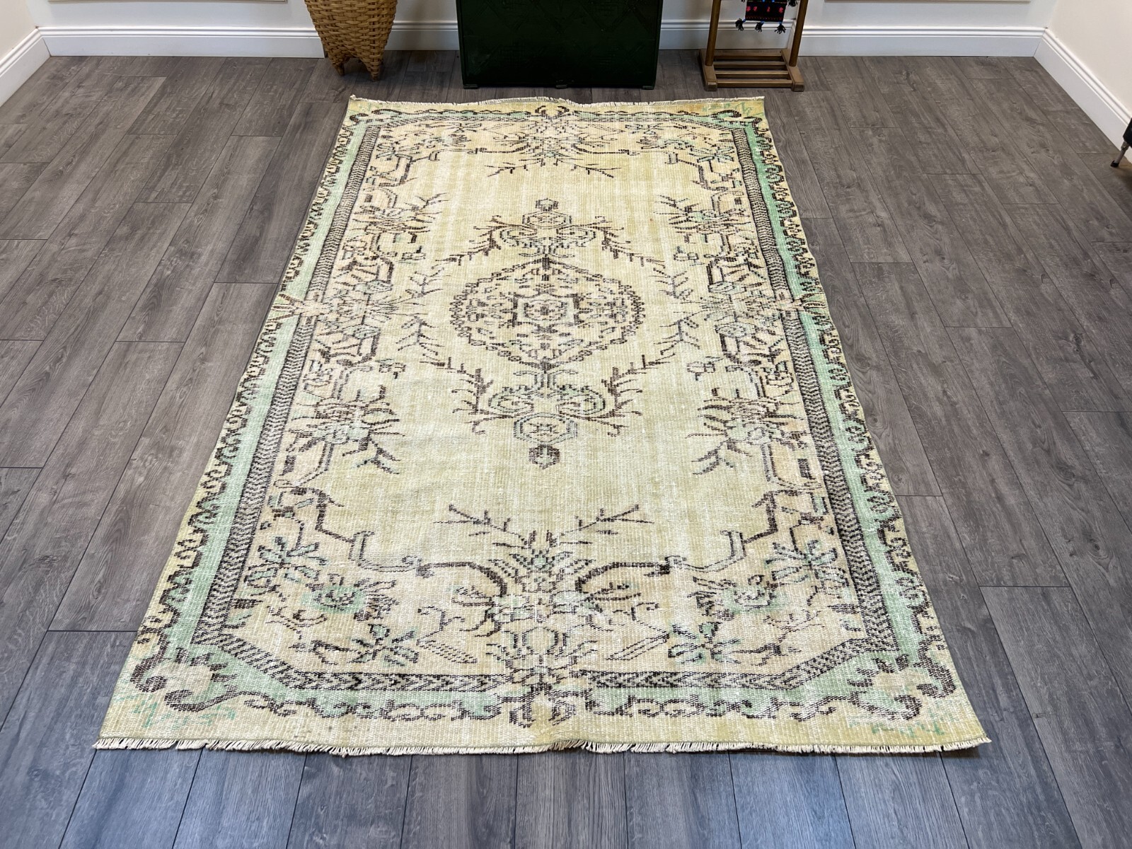 Green Area Rug, Oriental Rug, Handmade Turkish Rug, Wool Rug, 5.4 x 8.6 ft
