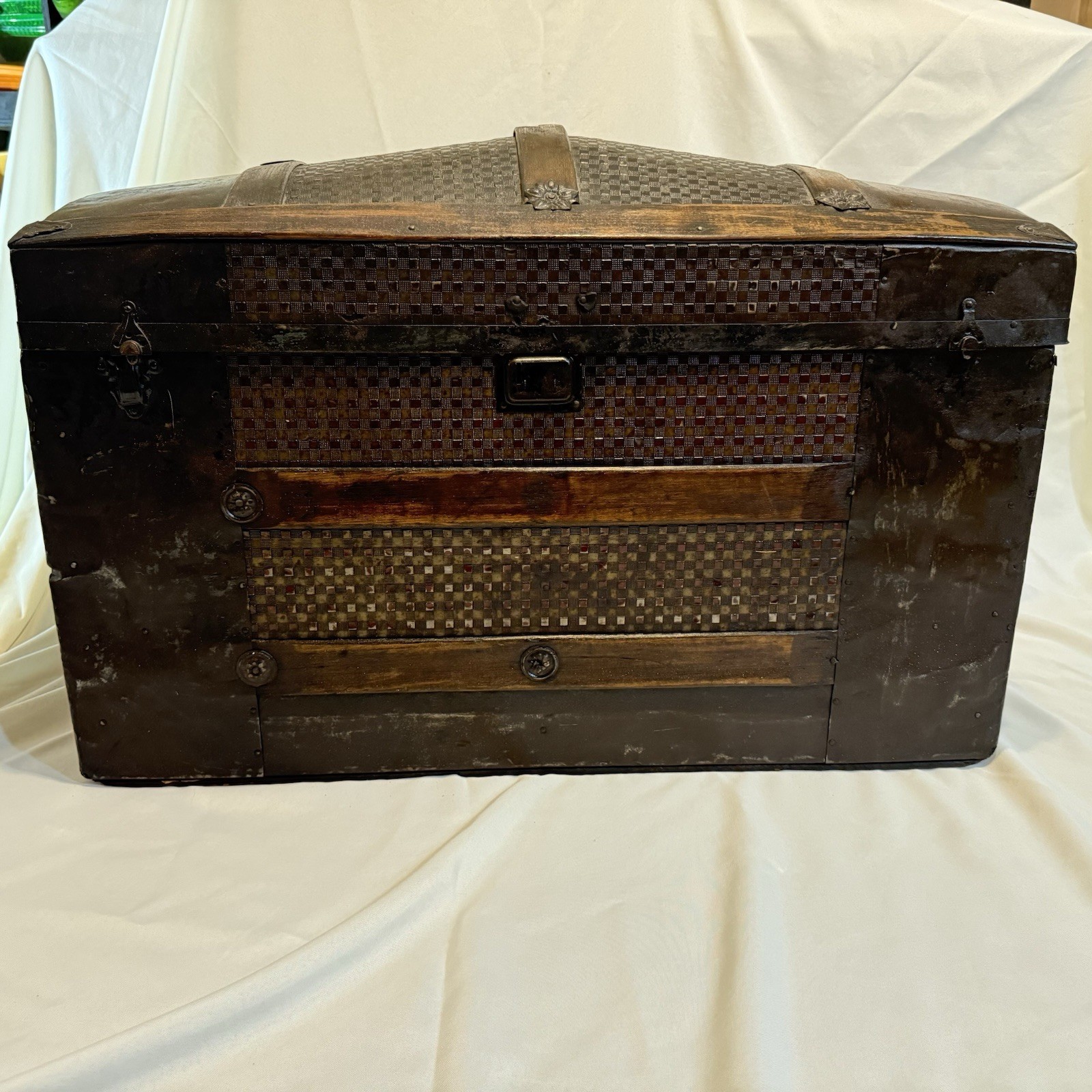 T.O.P. Antique Dome Top Steamer Trunk Tin Clad 1920s