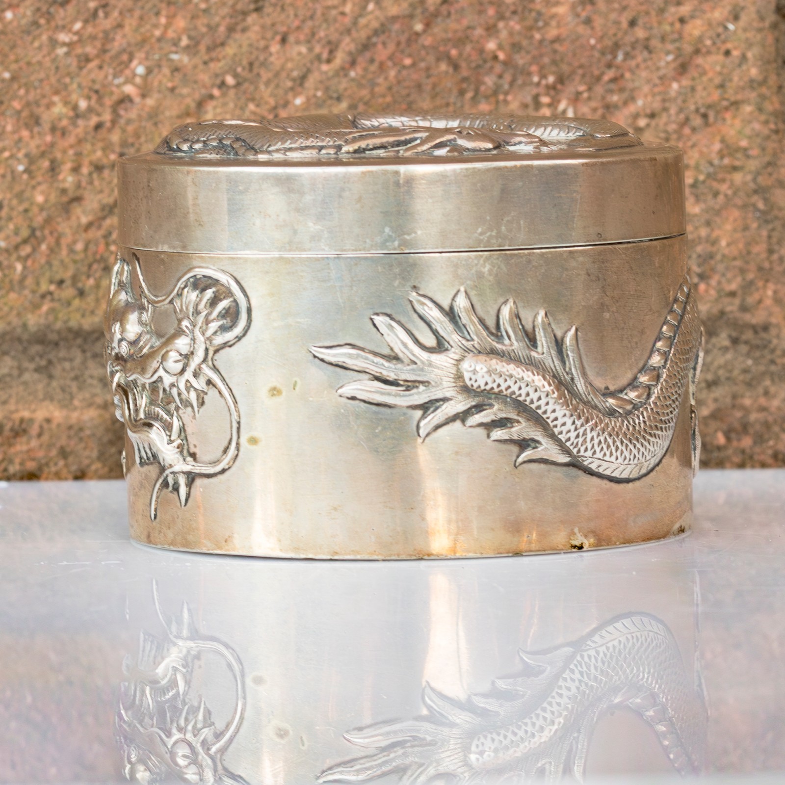 Chinese Dragon Solid Silver Box Cover Canton Qing Marked SF Sing Fat Late 19th C