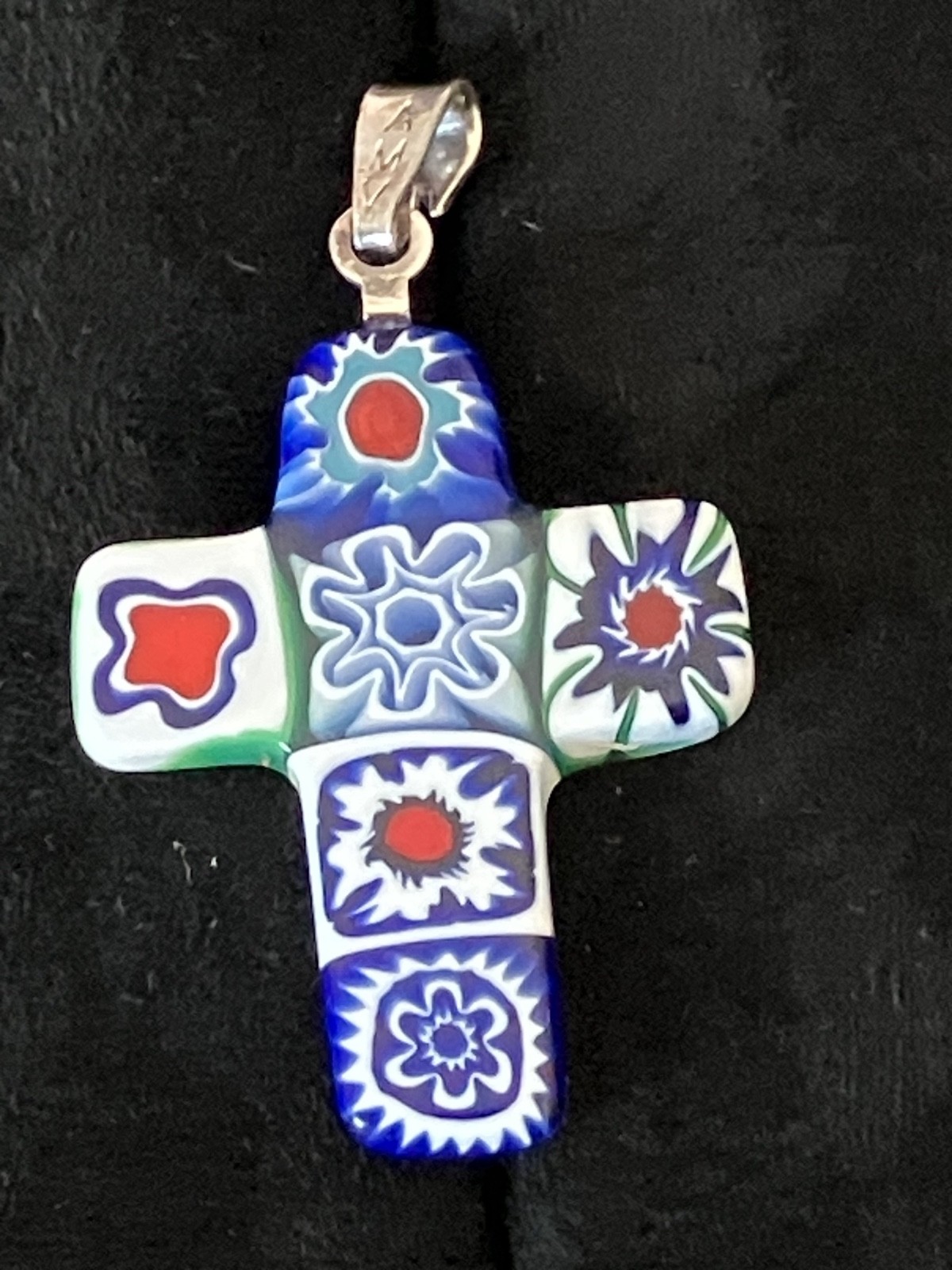VINTAGE ITALY 925 STERLING SILVER MILLEFIORI CROSS PENDANT MURANO GLASS MOSAIC