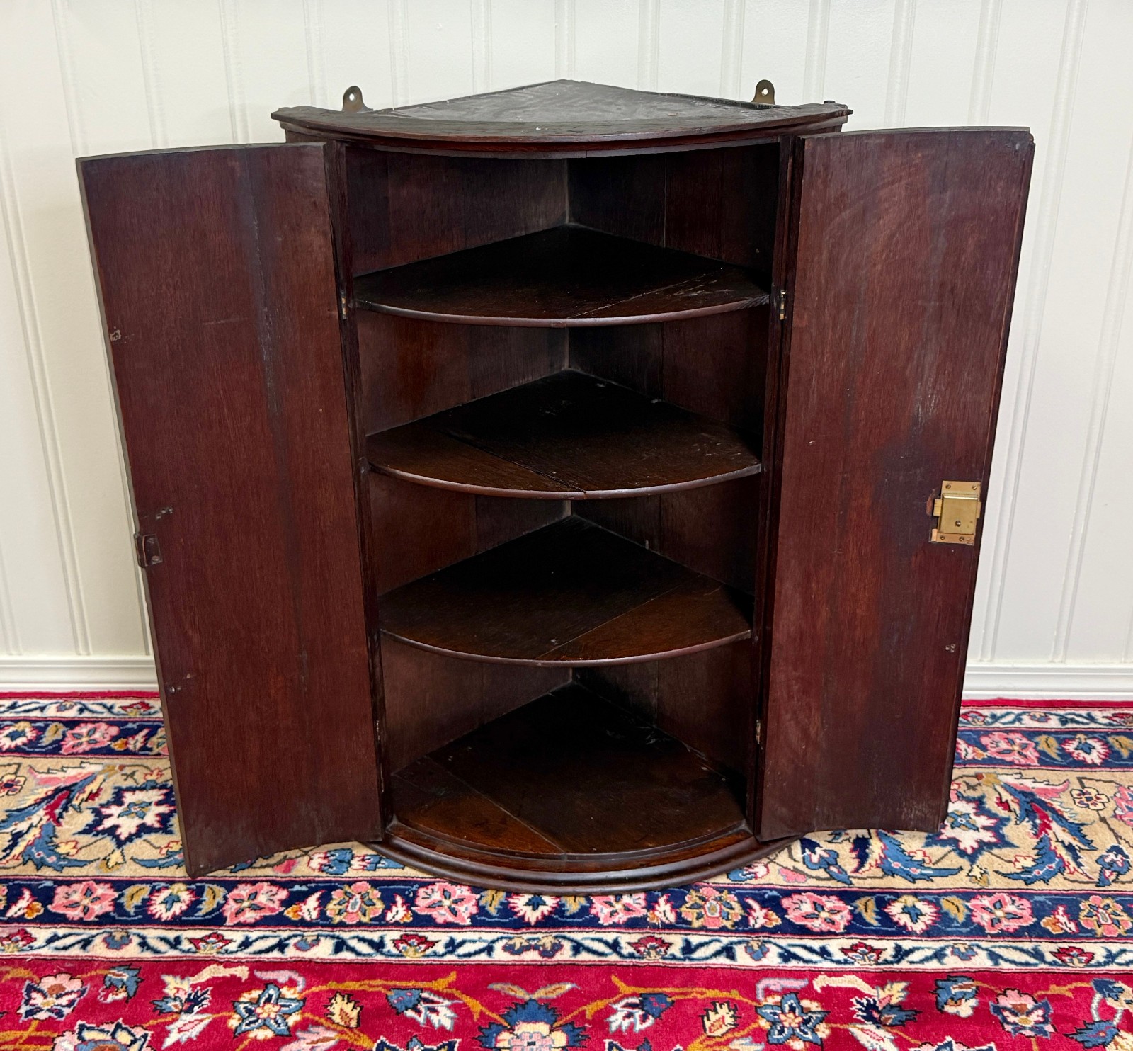 Antique English Corner Cabinet Carved Oak Hanging Wall Cabinet Storage 19C