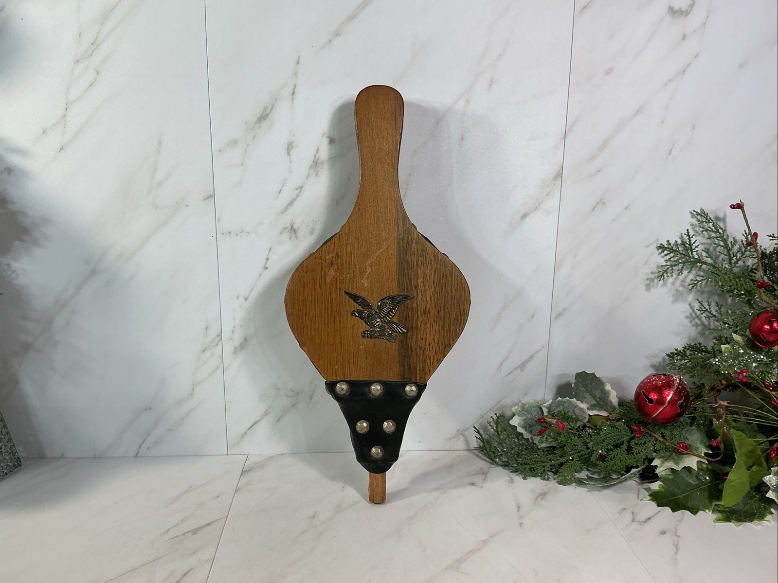 Vintage Wood and Leather Fireplace Bellow with Brass Eagle Emblem