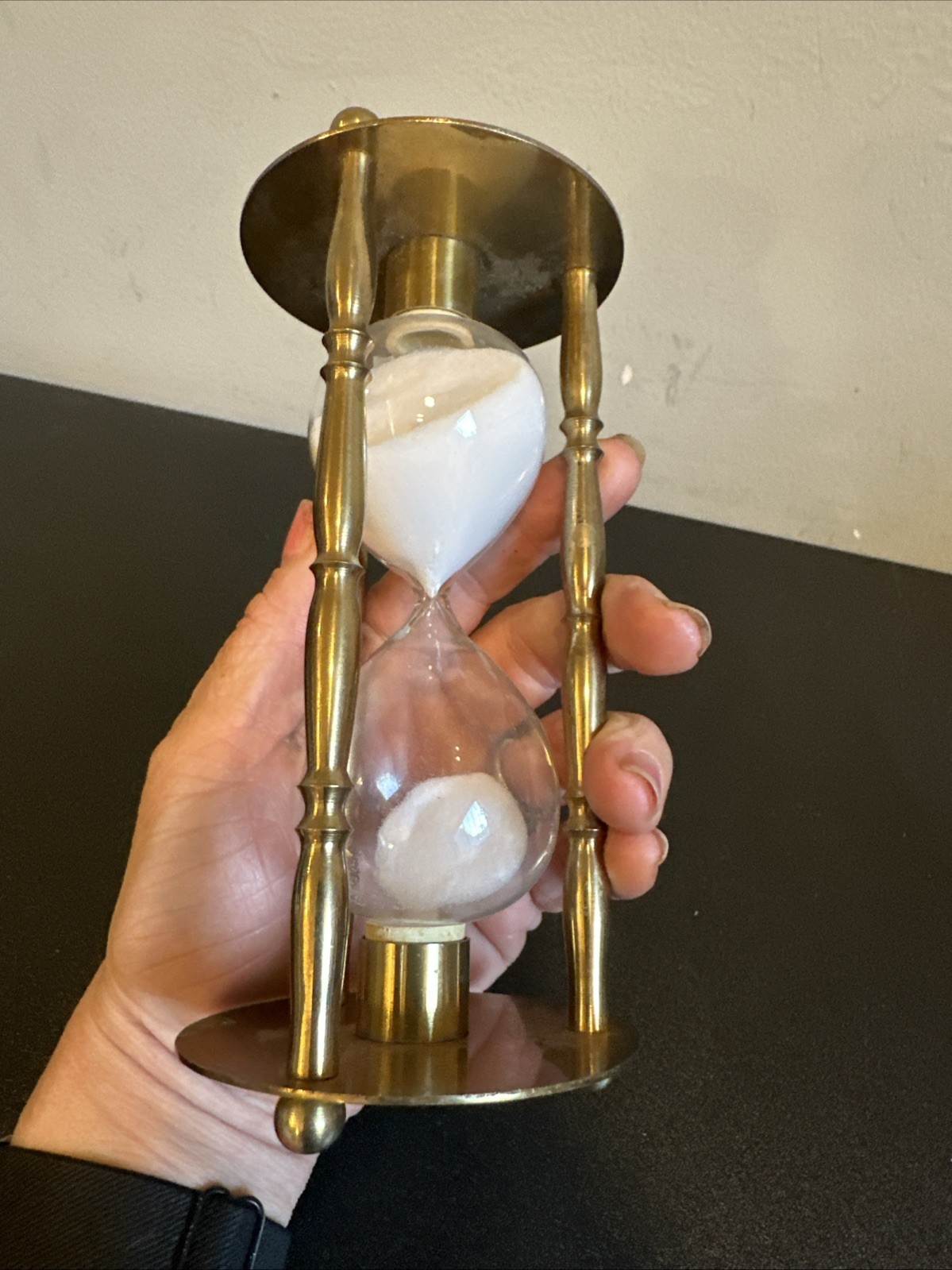 Vintage Gold Tone Brass Hourglass Timer Penco? Decorative Brass Glass White sand