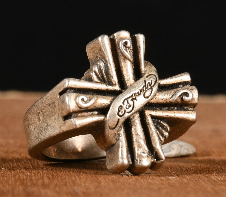 2.7CM Antique Tibet Old Silver Fengshui Cross Exorcism Blessing Ring Finger Ring