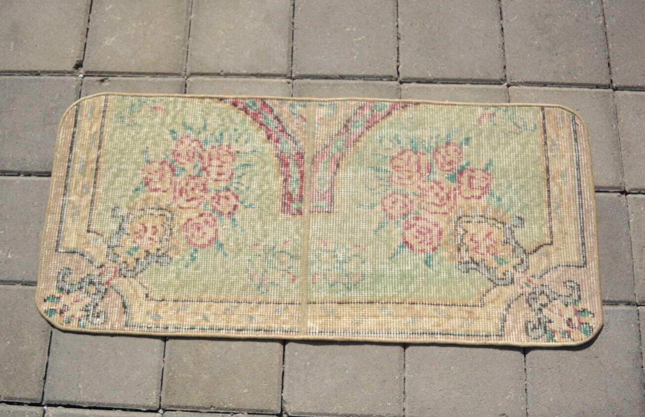 Antique Green Handmade Floral Rug, 1.4×3.2ft, Turkish Vintage Small Floral Rug,