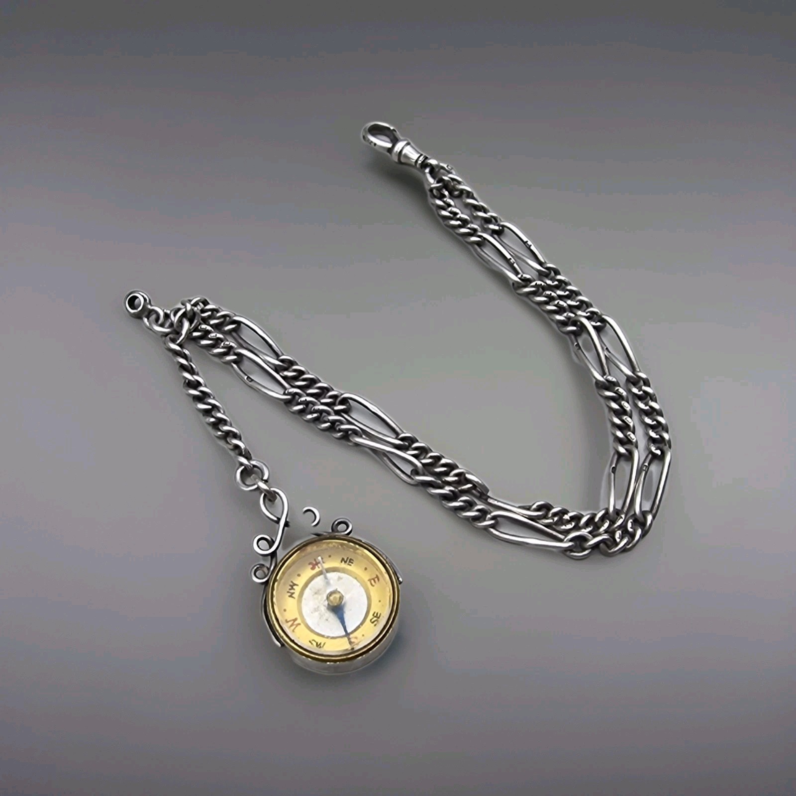 Antique Sterling Silver Fob Compass Pendant with Silver Chain