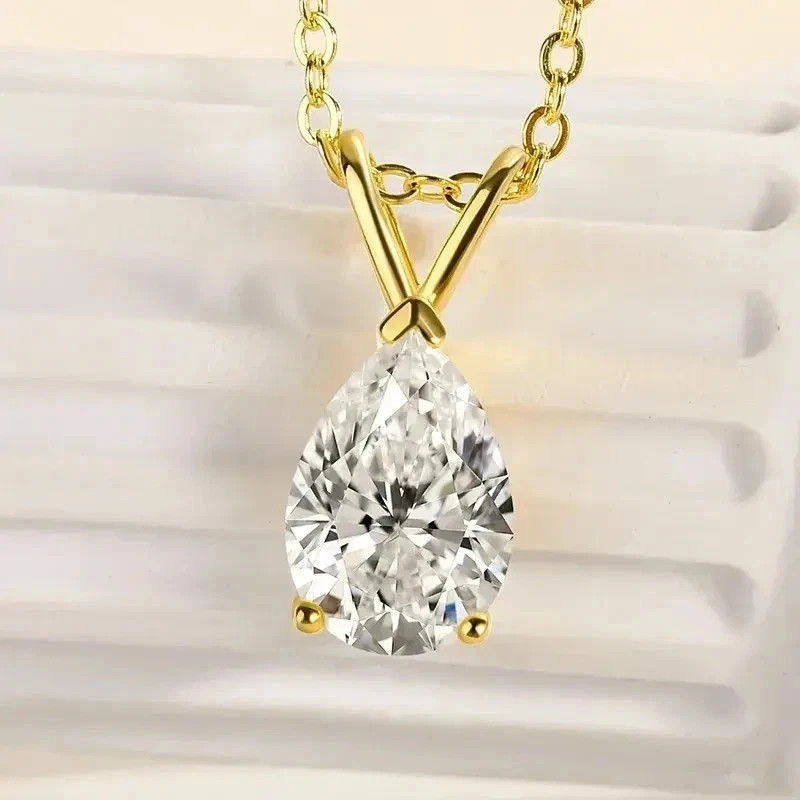 2.50Ct Pear-Cut Moissanite Solitaire Pendant 14K Yellow Gold Plated Free Chain