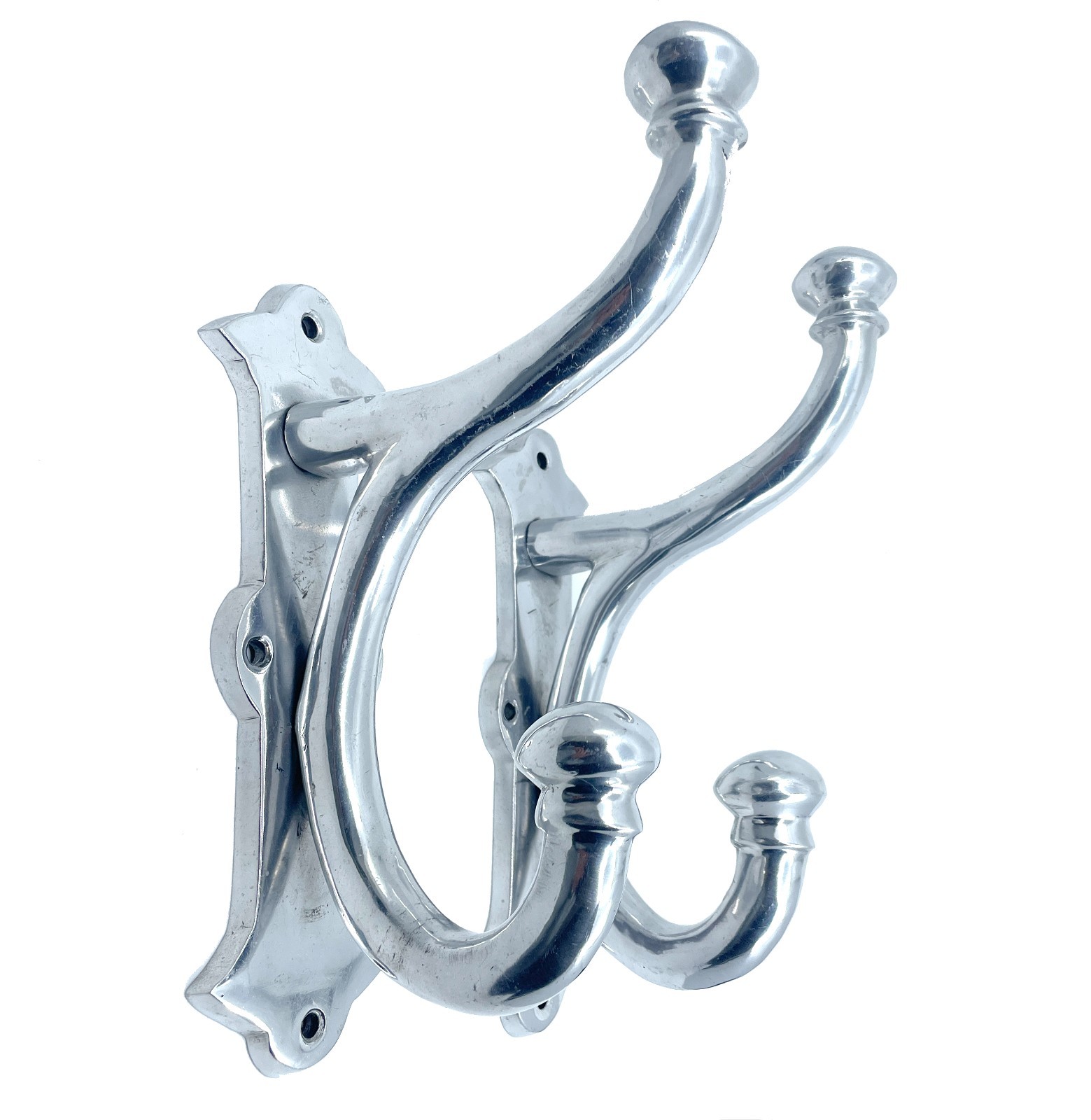 Vintage Pair Large Polished Aluminum Metal Double Dual Arm Coat Hooks