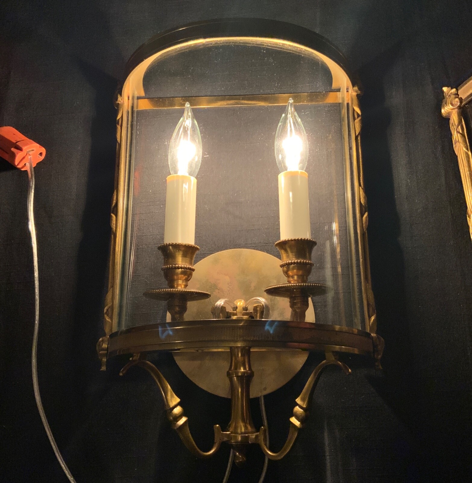 FRENCH BRONZE CONVEX LANTERN WALL SCONCE (2) LOUIS XVI RIBBON & REED