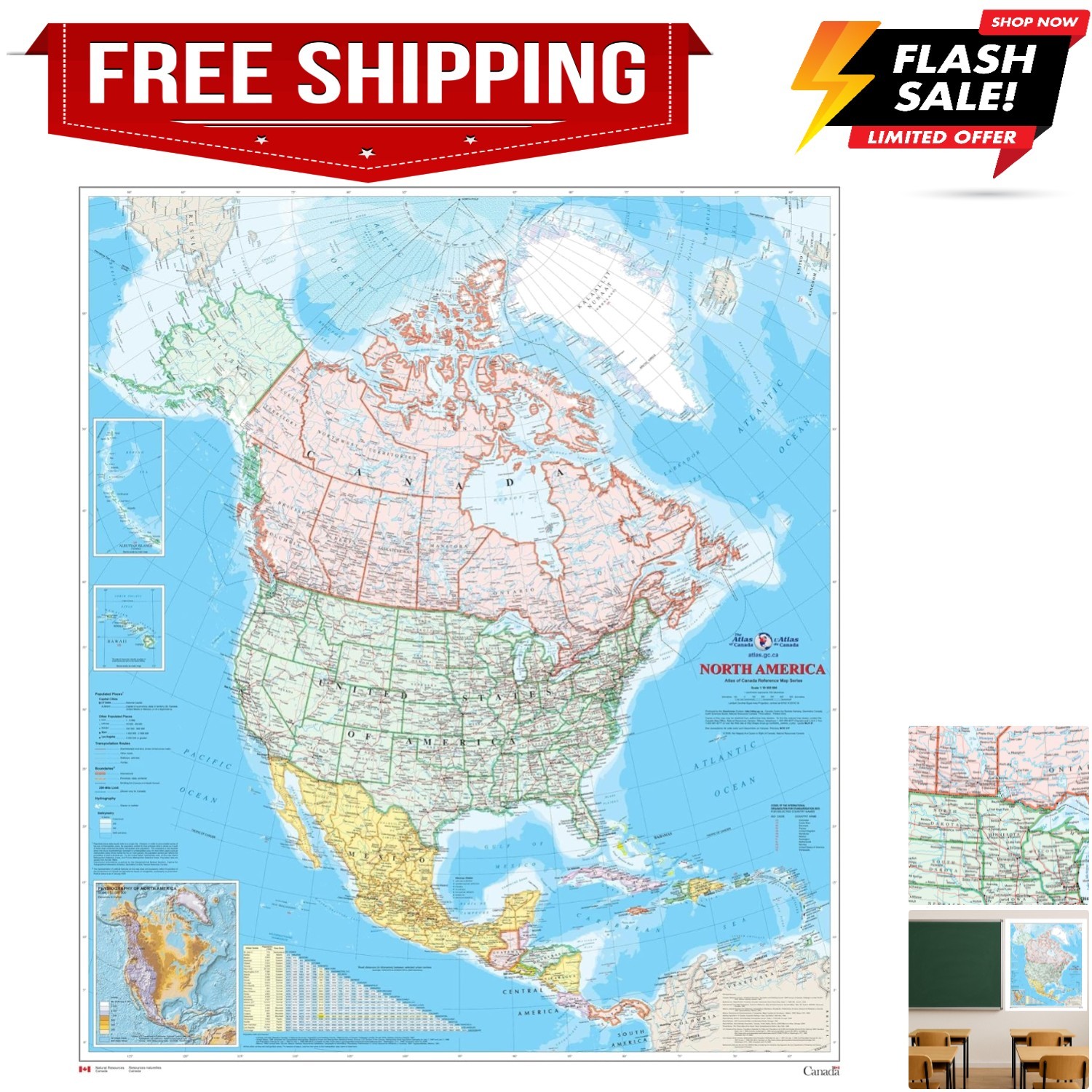 North America Wall Map – Atlas of Canada – 34″ x 39″ Paper