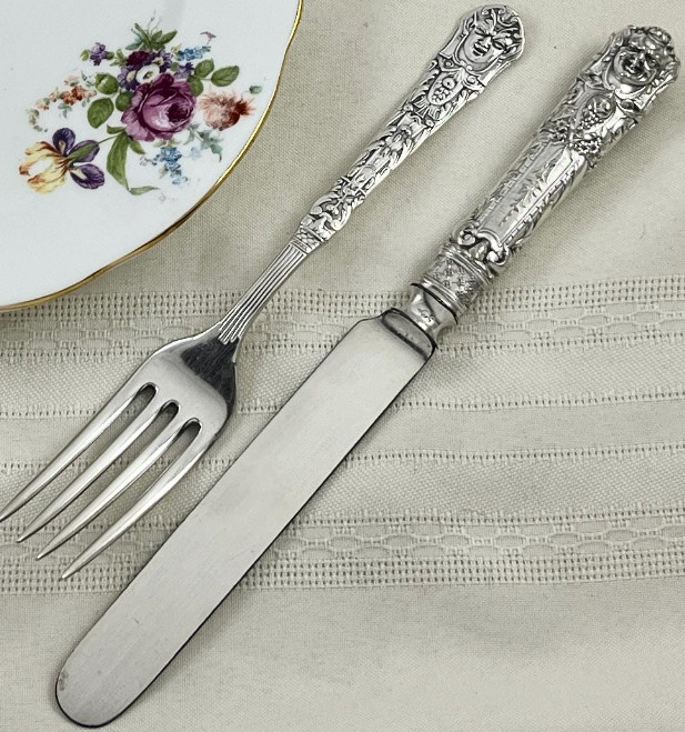 Reed & Barton Renaissance Dinner Knife & Fork Set 1886 Silverplate Green Man