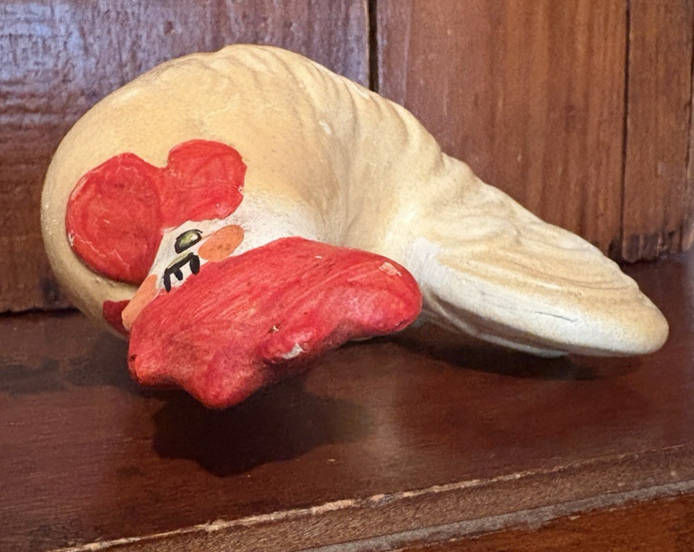 Large Antique Primitive Chalkware Chicken Figurine & Toy Wood Block AAFA