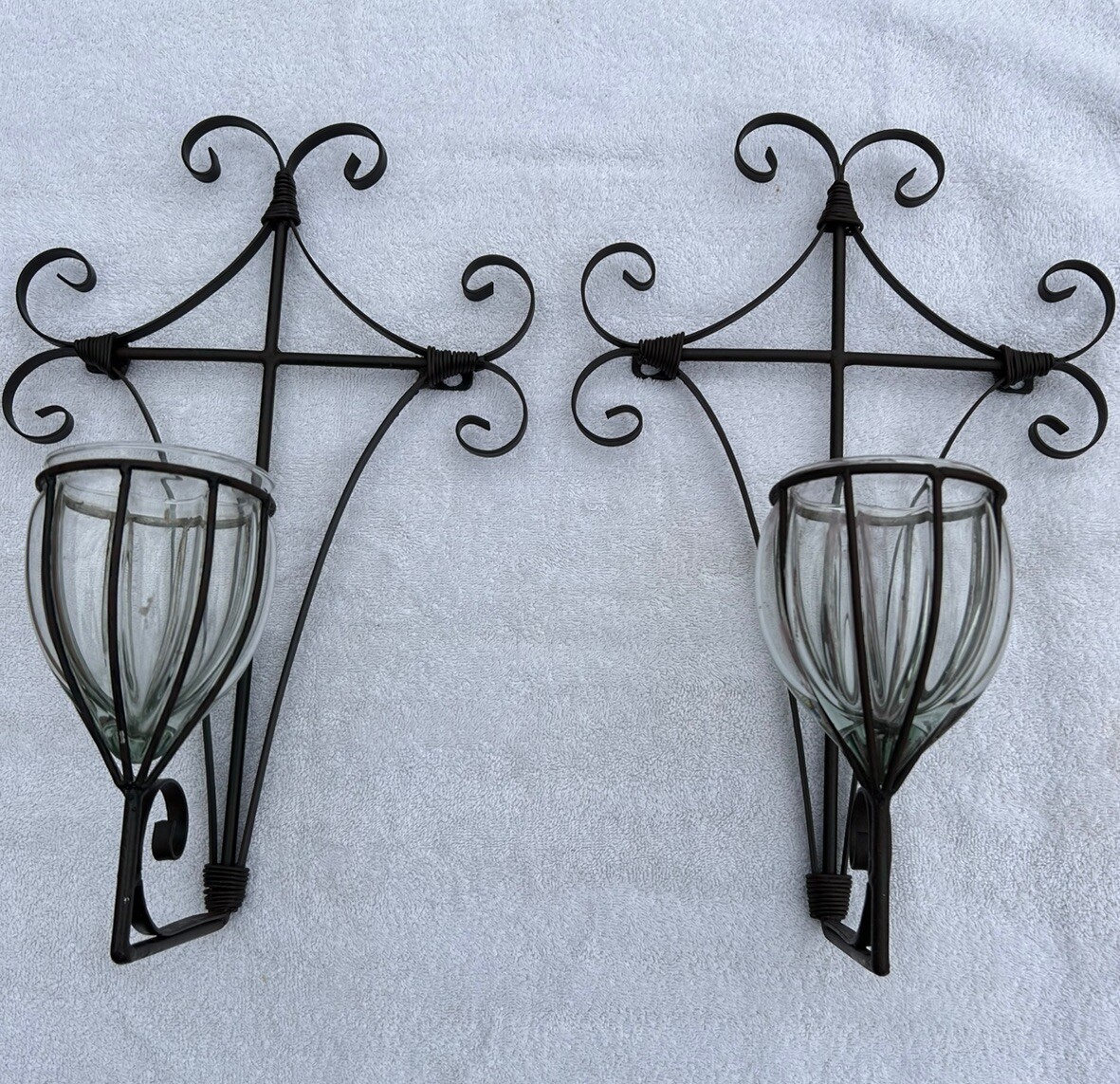 Vintage Wrought Iron Wall Sconces-Brown-2 Piece Set with Non-removable Glass
