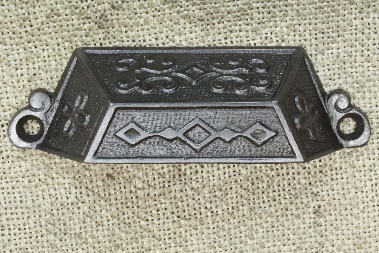6 Old Bin Drawer Pulls Cup 4 1/2″ Handles Diamond Scroll Vines 1871 Patent Iron