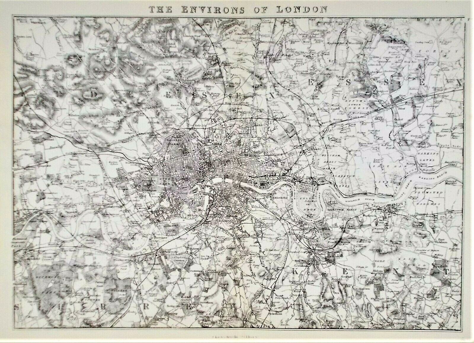 OLD ANTIQUE MAP CITY PLAN ENVIRONS LONDON c1850’s by C KNIGHT RIVER THAMES