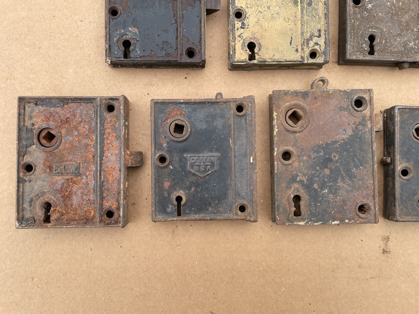 OUTSTANDING Lot of (11) Antique DOOR RIM LOCKS Cast Iron Locks Applied on door
