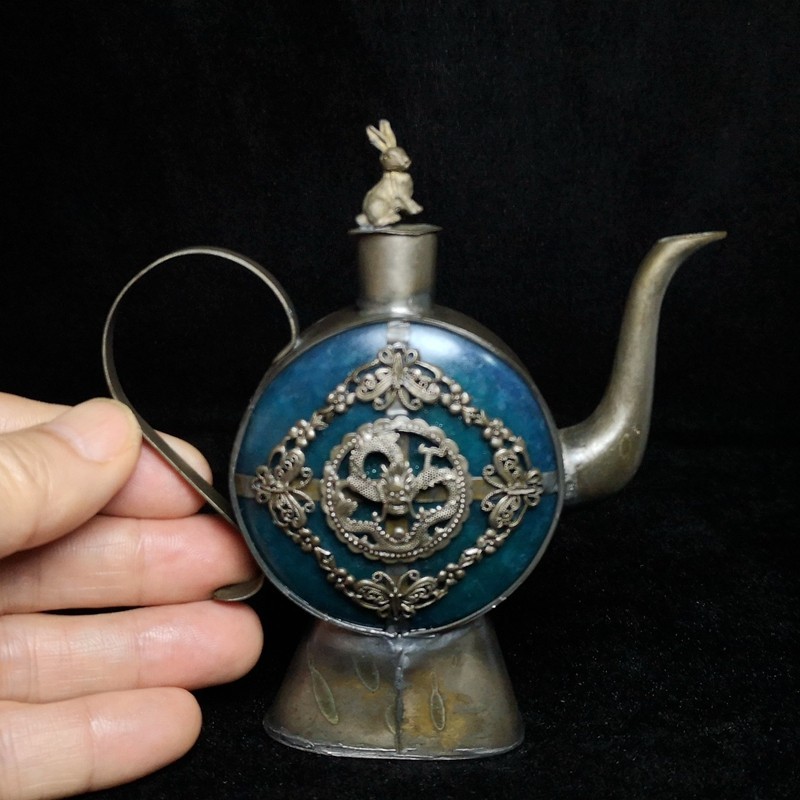 4.7 Inch Chinese Tibet Silver Dragon Butterfly Rabbit Green Jade Pot Decoration