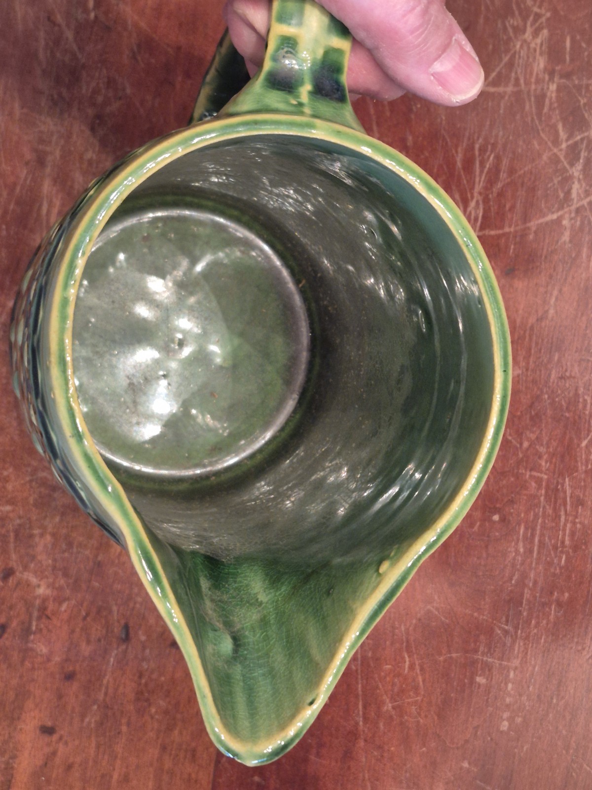 GORGEOUS Antique Green LATTICE & BEADS Yellow Ware Pitcher