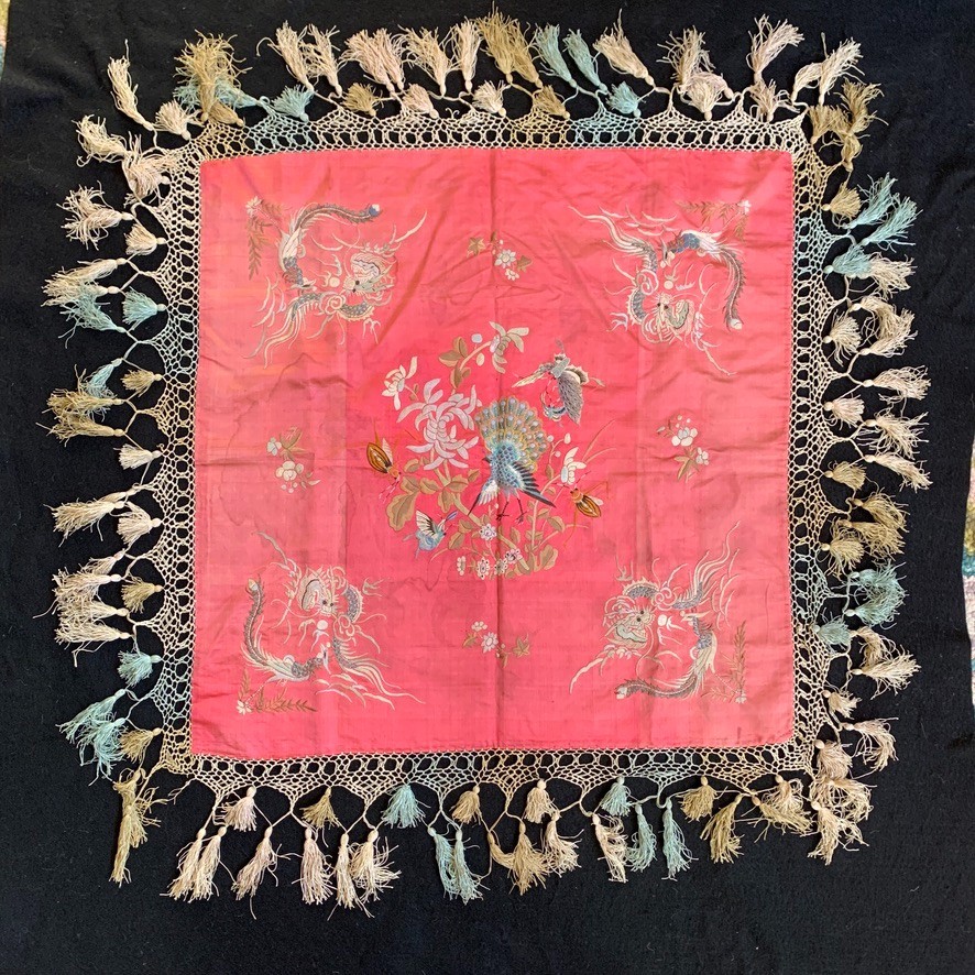 Antique Chinese embroidery silk dragons Peacock Qing dynasty Tapestry 32″