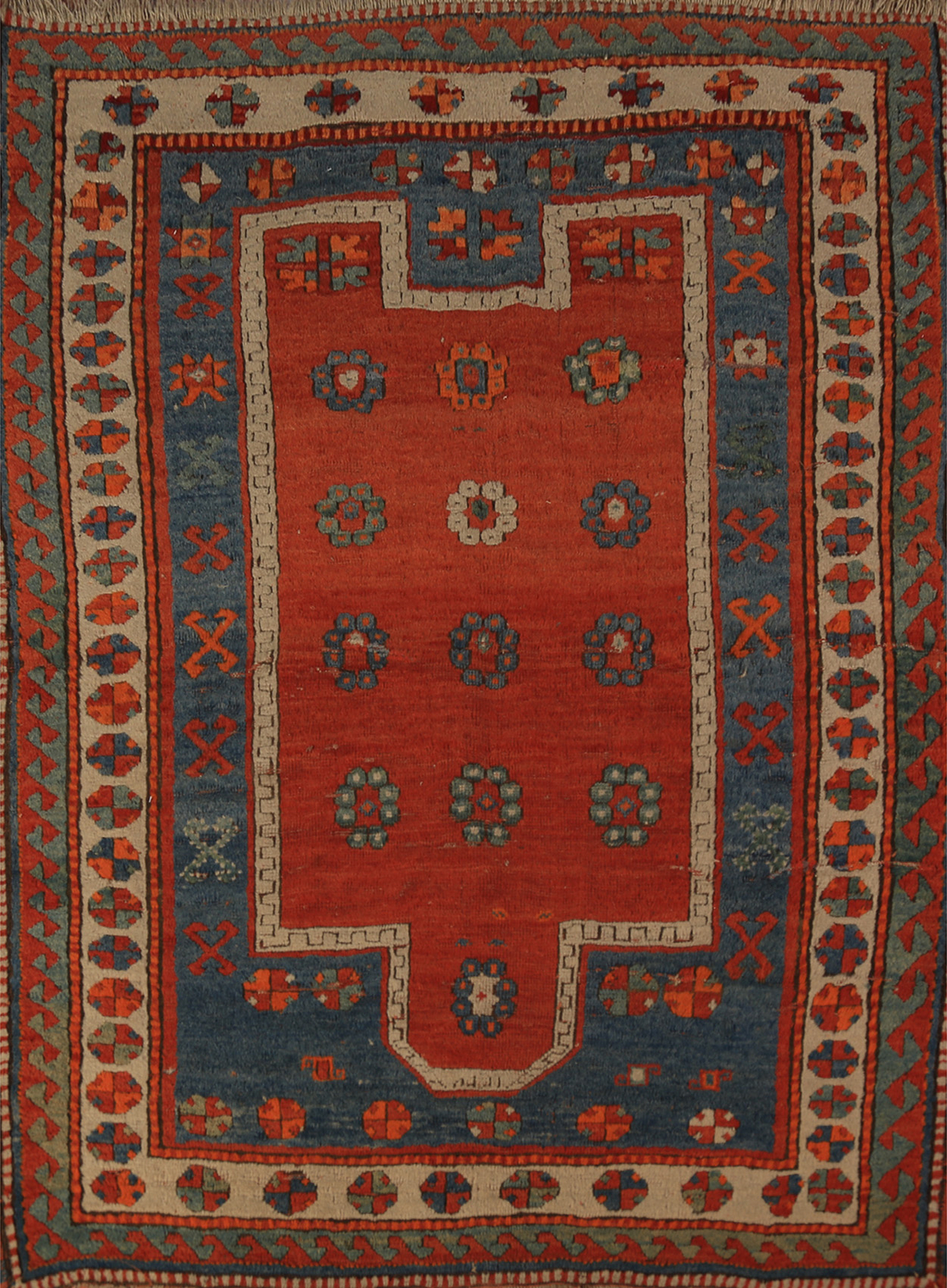 Pre-1900 Antique Red Geometric Kazak Oriental Russian Rug 4×5 Handmade Wool