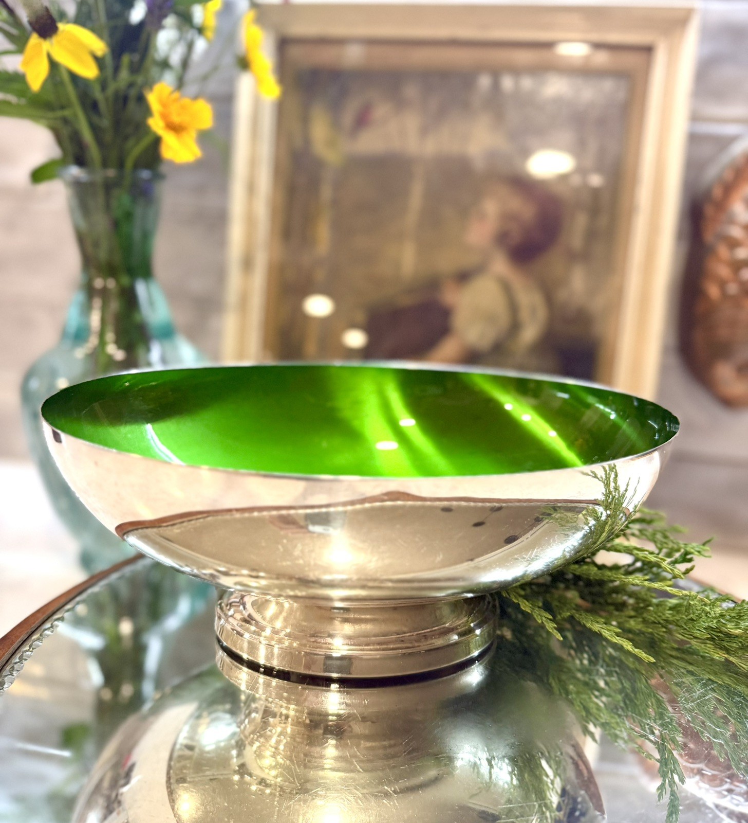 Vintage Wallace Silver Revere Bowl with Green Enamel Interior 10”