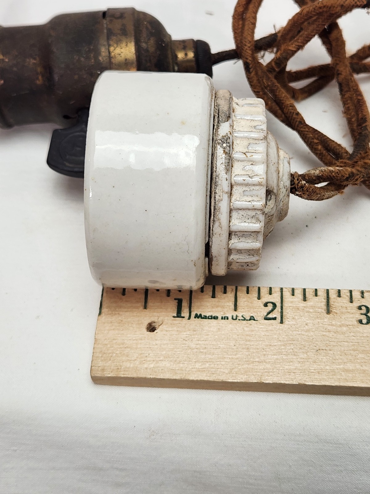 Antique BRYANT Porcelain Ceramic Ceiling Rose Fixture Brass Socket Cloth Cord