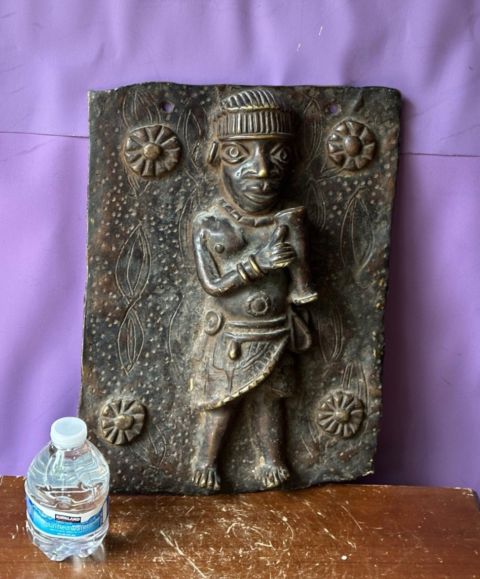 Vintage 14″ Benin Bronze Plaque | Royal Court Figure | Nigerian African Wall Art