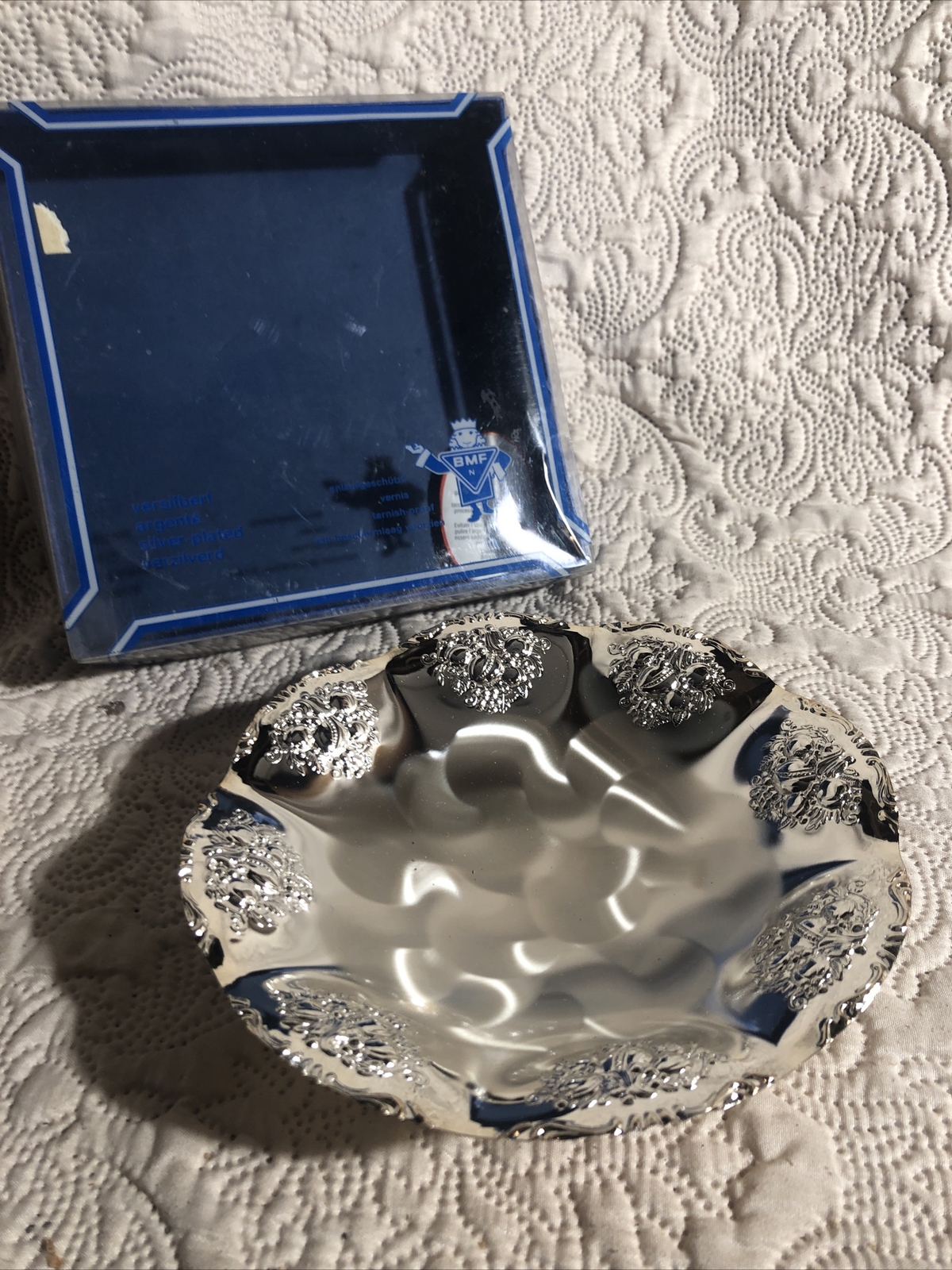 Vintage BMF German MCM Silver-Plated Pierce Work Rose Offering Bowl 7” New