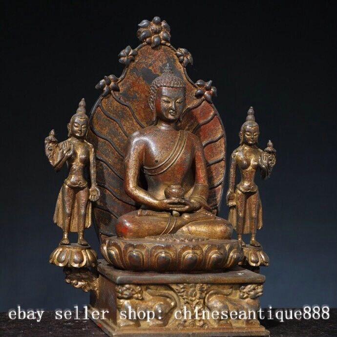 11.8” Old Tibet Tibetan Buddhism Bronze Gilt Shakyamuni Amitabha Buddha Statue